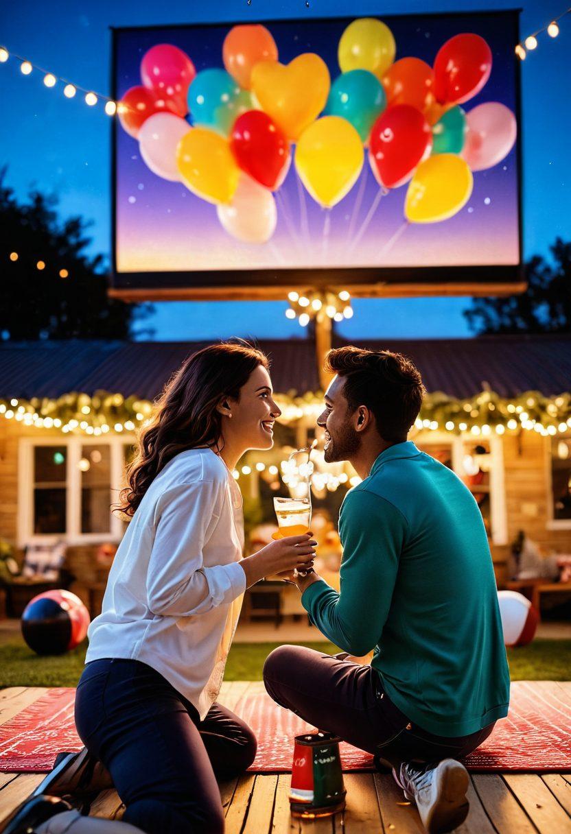 A vibrant scene depicting a romantic couple watching a live sports game on a large screen outdoors. They are surrounded by a festive atmosphere, filled with sports memorabilia, twinkling fairy lights, and heart-shaped balloons. The couple is embracing each other, sipping drinks, with excitement in their eyes as they cheer for their team. Include a sunset sky to enhance the mood of passion and adventure. surrealistic. vibrant colors. outdoor setting.