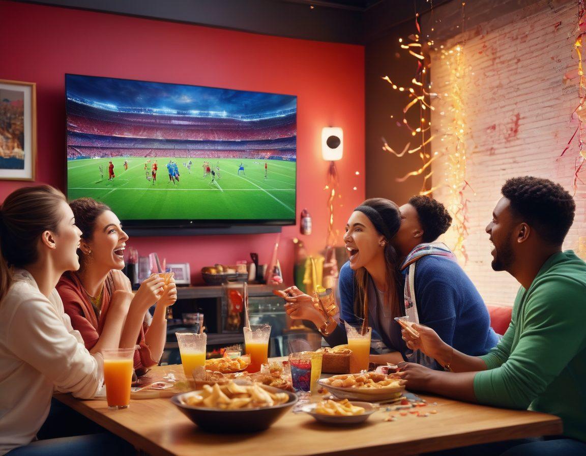 A vibrant scene depicting a diverse group of friends gathered around a large TV, cheering passionately as they watch a live sports game. In the background, colorful streamers and sports memorabilia add to the festive atmosphere. Close-ups of emotional reactions showcase the thrill of the game, with snacks and drinks enhancing the ambiance of camaraderie. The color palette is lively, highlighting the excitement of sports viewing. vibrant colors. super-realistic. dynamic composition.