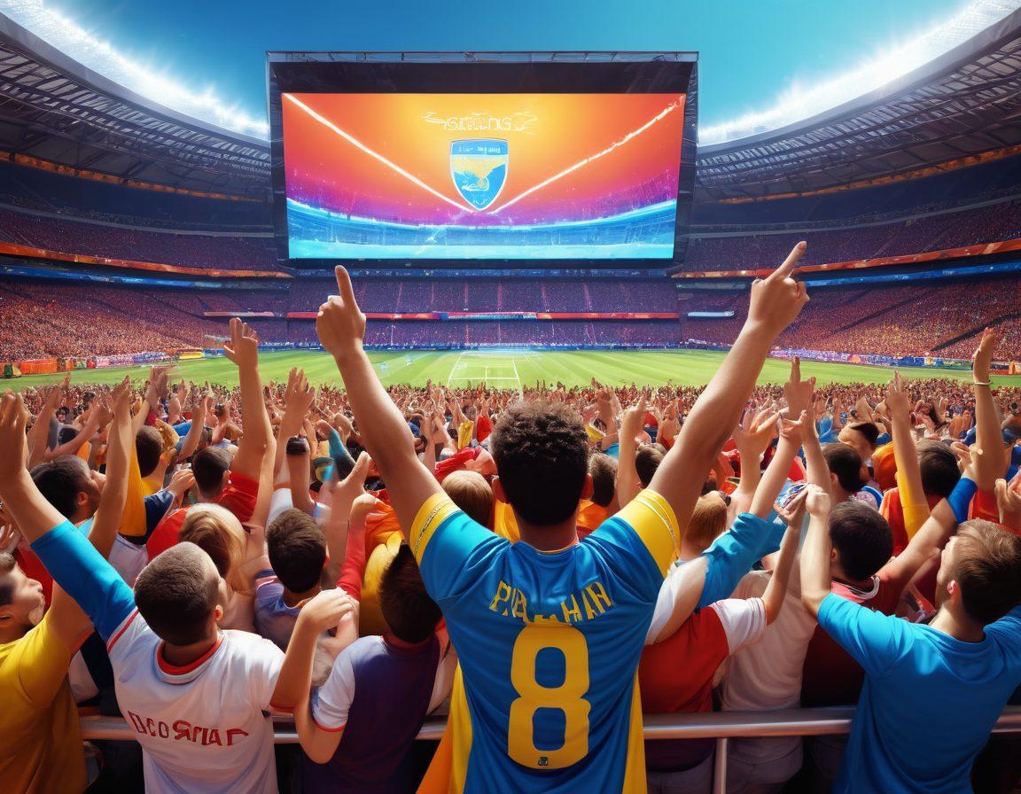 A dynamic scene capturing excited fans in a stadium, cheering passionately for their favorite sports team, while a large screen displays an intense live game in vivid detail. Include diverse fans of different ages and backgrounds, surrounded by colorful banners and team jerseys, highlighting the emotions and excitement of live sports. The atmosphere should be electric, conveying a sense of community and shared experience. super-realistic. vibrant colors. 3D.